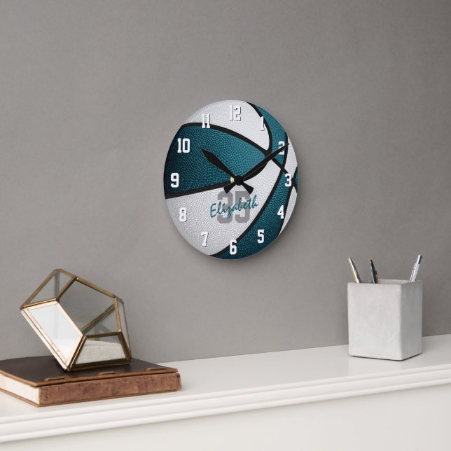 teal white girls boys basketball personalized round clock (Office)
