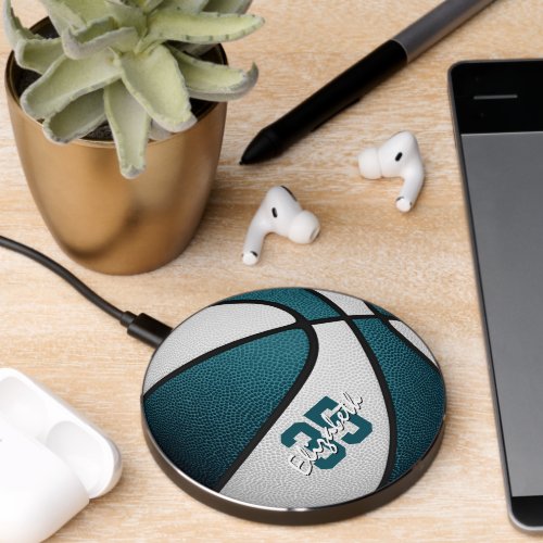 teal white girls boys basketball personalized wireless charger 