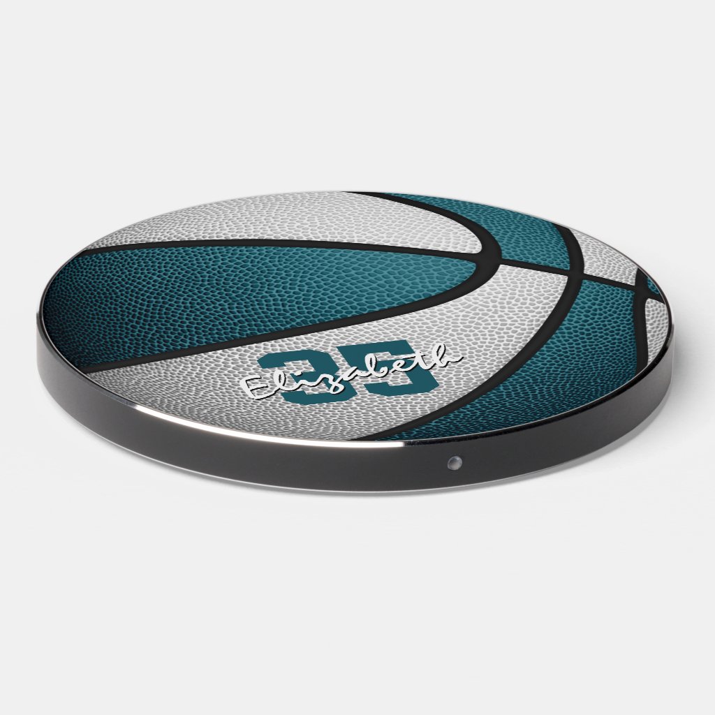 teal white girls boys basketball personalized wireless charger