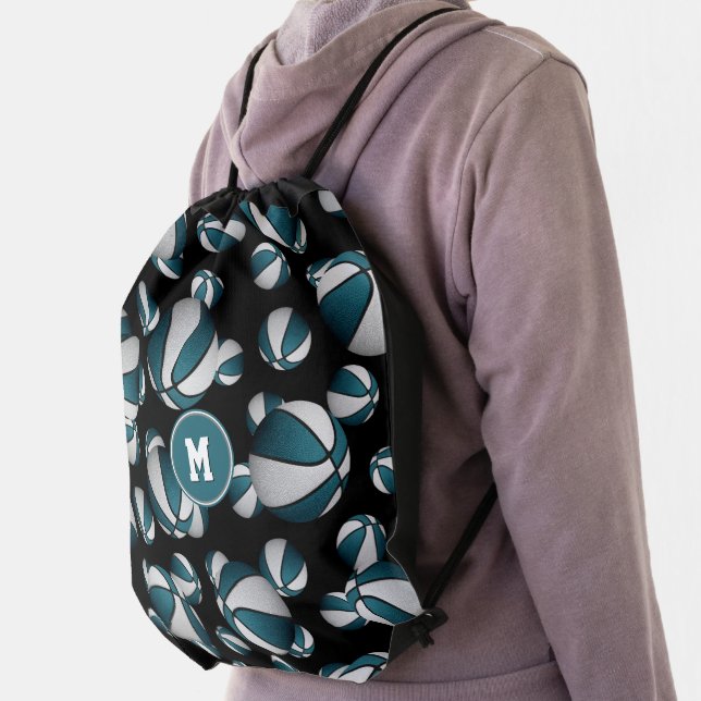 teal white girls boys school colors basketball drawstring bag (Insitu)