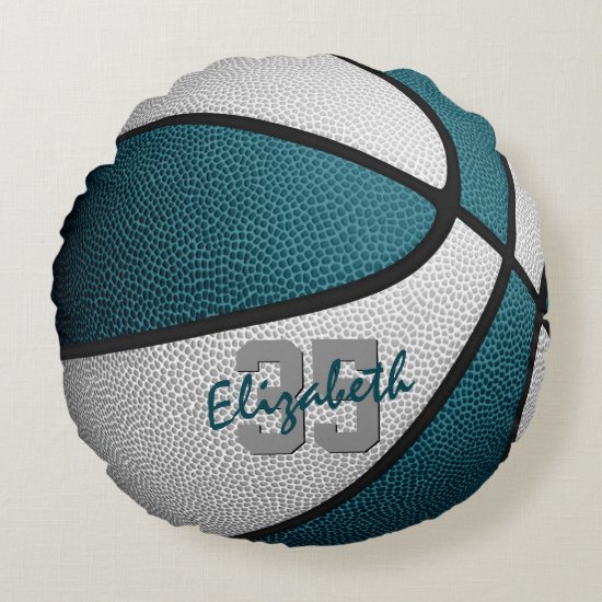 teal white girls boys sporty basketball round pillow