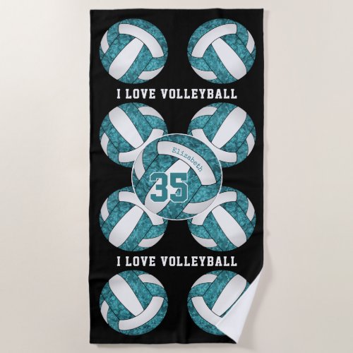 teal white girls I love volleyball personalized Beach Towel