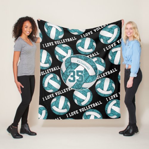 teal white girls I love volleyball personalized Fleece Blanket