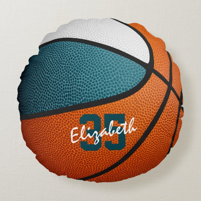 teal white girls sports personalized basketball round pillow (Front)