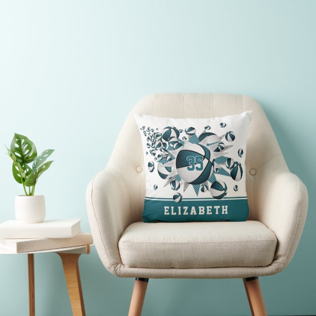 teal white girly sports decor basketball blowout throw pillow (Chair)