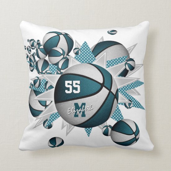teal white girly sports decor basketball blowout throw pillow