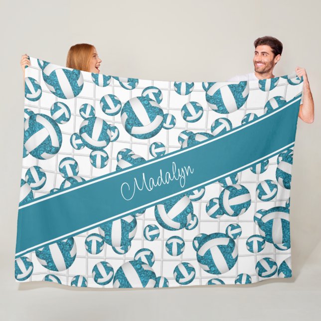 Teal white girly volleyballs pattern net accent fleece blanket (In Situ)