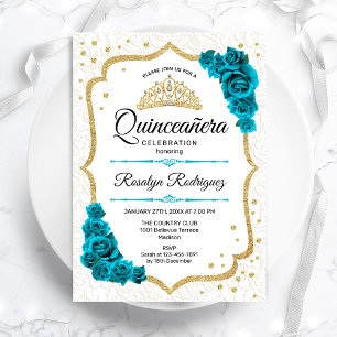 Teal White Gold Elegant Floral Quinceanera Invitation