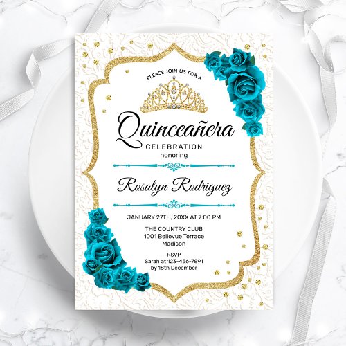 Teal White Gold Elegant Floral Quinceanera Invitation