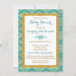 Teal, White, Gold FAUX Glitter Baby Shower Invite