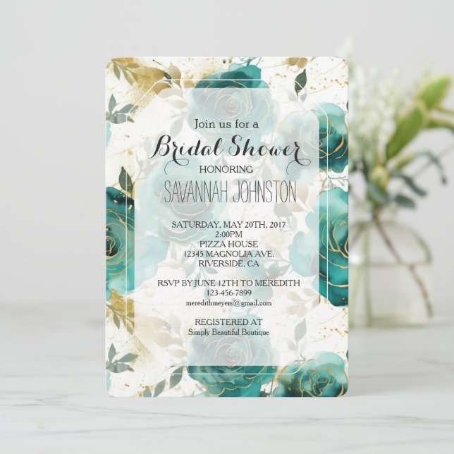 Teal White Gold Floral Bridal Shower Invitation (Standing Front)