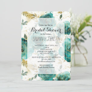 Teal White Gold Floral Bridal Shower Invitation
