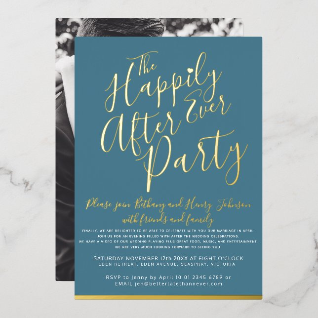 Teal white gold happily ever after wedding party  foil invitation (Front/Back)