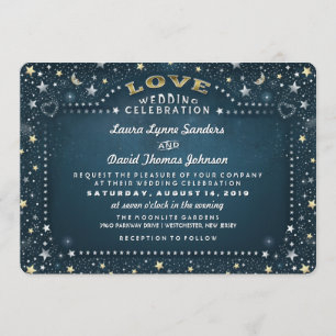 Teal White & Gold Moon & Stars Love Wedding Invitation