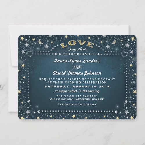 Teal White  Gold Moon  Stars Together With Invitation