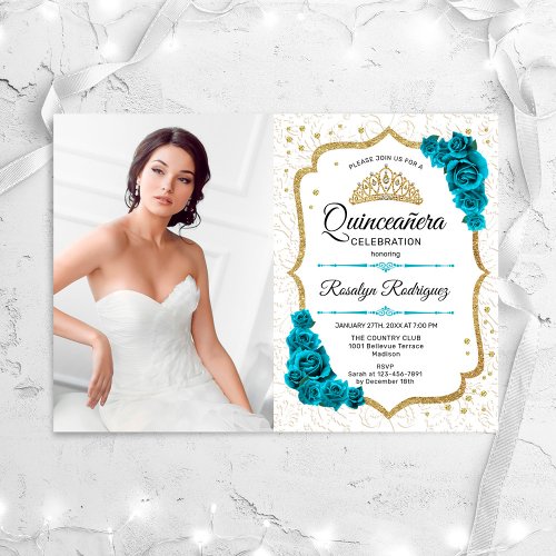 Teal White Gold Quinceanera Party With Photo Invitation
