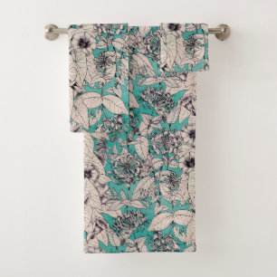 Teal White Graphic Flowers Pattern Bath Towel Set