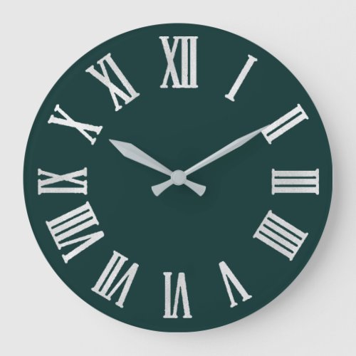 Teal White Gray Metallic Silver Roman Numbers Large Clock