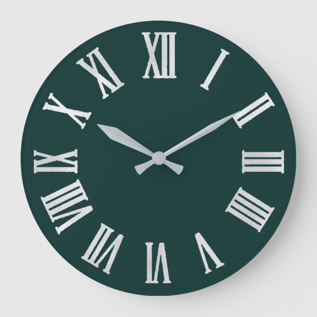 Teal White Gray Metallic Silver Roman Numbers Large Clock (Front)