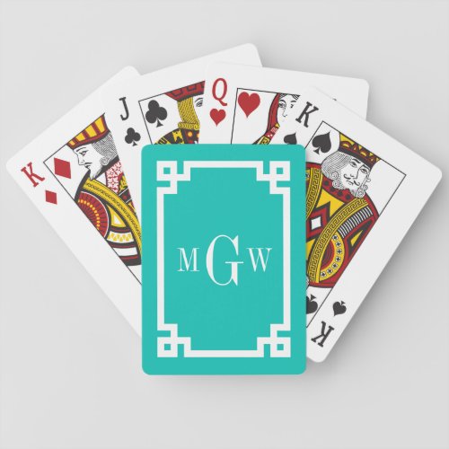 Teal White Greek Key 2 Framed 3 Init Monogram Playing Cards