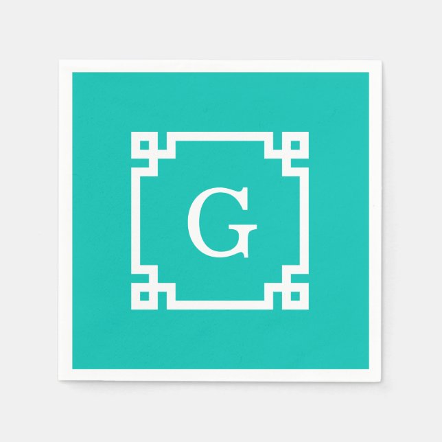 Teal White Greek Key Frame #2 Initial Monogram Paper Napkins (Front)