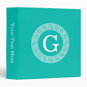 Teal White Greek Key Round Frame Initial Monogram Binder
