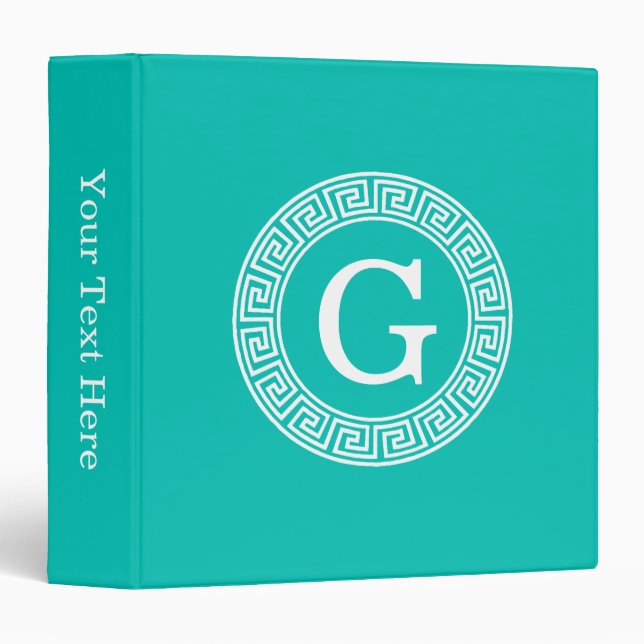 Teal White Greek Key Round Frame Initial Monogram Binder (Front/Spine)