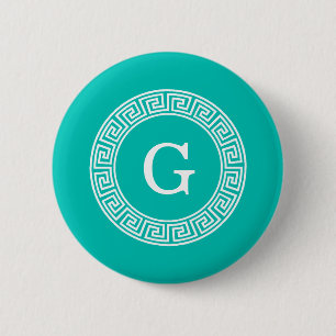 Teal White Greek Key Round Frame Initial Monogram Button