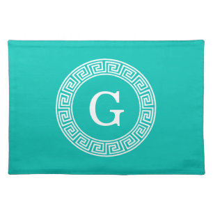 Teal White Greek Key Round Frame Initial Monogram Cloth Placemat