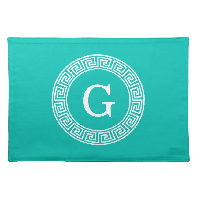 Teal White Greek Key Round Frame Initial Monogram Cloth Placemat (Front)