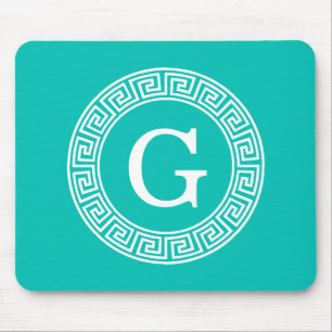 Teal White Greek Key Round Frame Initial Monogram Mouse Pad
