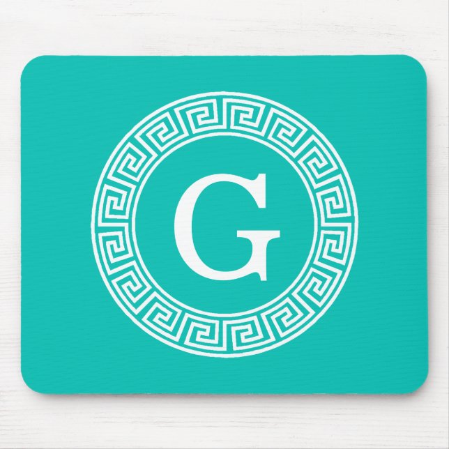 Teal White Greek Key Round Frame Initial Monogram Mouse Pad (Front)