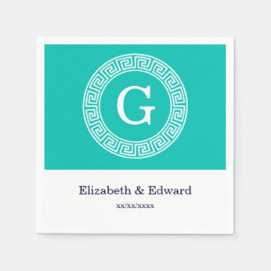Teal White Greek Key Round Frame Initial Monogram Napkins