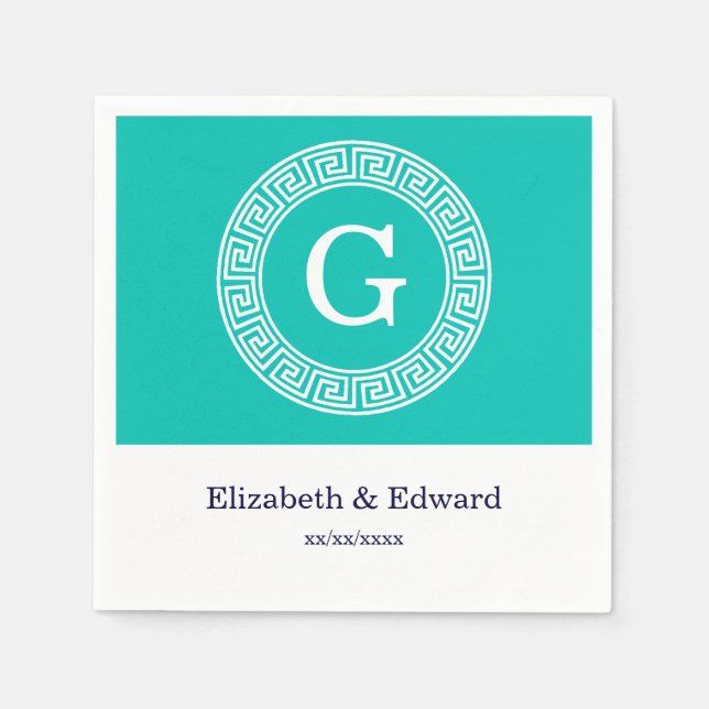 Teal White Greek Key Round Frame Initial Monogram Napkins (Front)