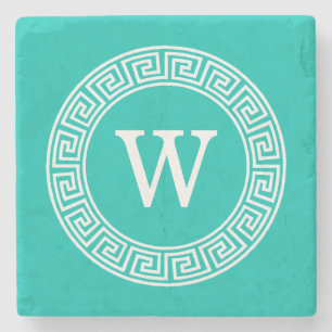 Teal White Greek Key Round Frame Initial Monogram Stone Coaster