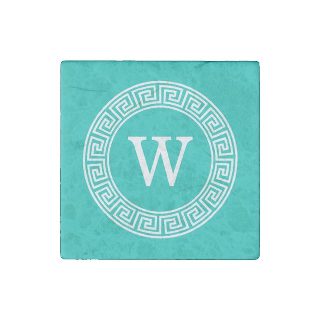 Teal White Greek Key Round Frame Initial Monogram Stone Magnet (Front)