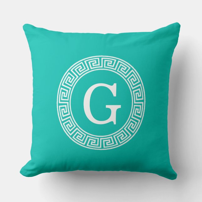 Teal White Greek Key Round Frame Initial Monogram Throw Pillow (Front)
