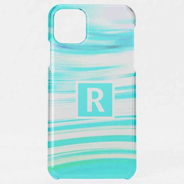Teal White Green Abstract Waves Monogram Cute Uncommon iPhone Case (Back)