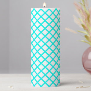 Teal White Harlequin Diamond Stripes Pattern Pillar Candle