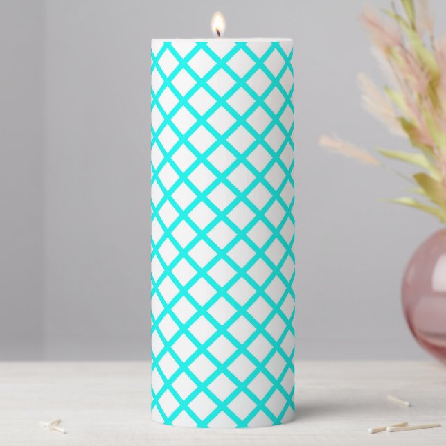 Teal White Harlequin Diamond Stripes Pattern Pillar Candle (In Situ)