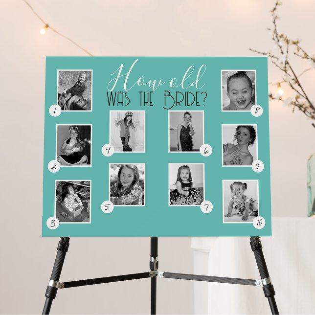 Teal & White How Old Was The Bride Photo Game Foam Board (Elegant and Classic Modern Guess How Old the Bride Was in Teal Blue Turquoise  Aqua)