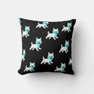 Teal & White Husky Malamute Dog Patter on Black Throw Pillow