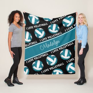 teal white I love volleyball girly personalized Fleece Blanket