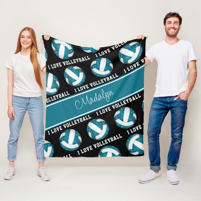 teal white I love volleyball girly personalized Fleece Blanket (In Situ)
