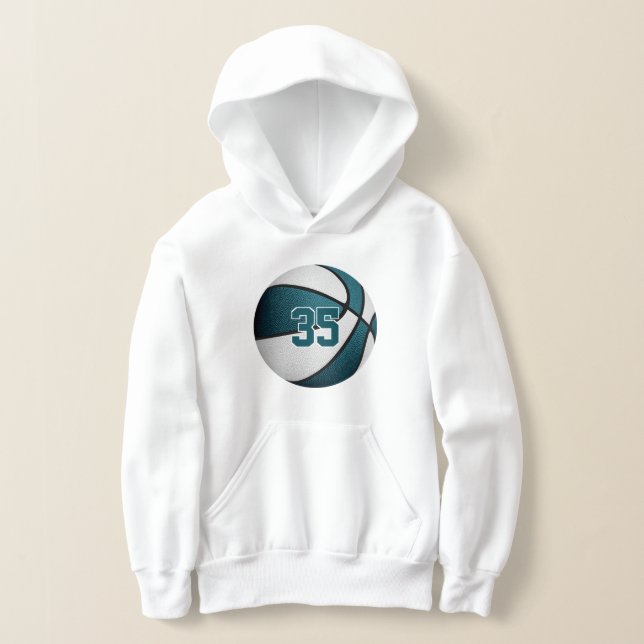 teal white kids jersey number basketball hoodie (Laydown)