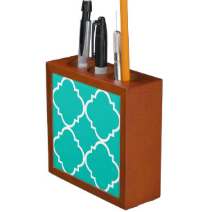 Teal White Large Quatrefoil Pattern Pencil/Pen Holder