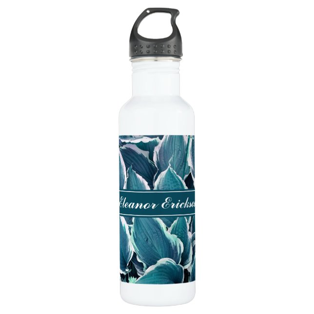 Teal & White Leaves Monogram Stainless Steel Water Bottle (Front)