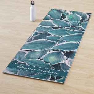 Teal & White Leaves Monogram Yoga Mat