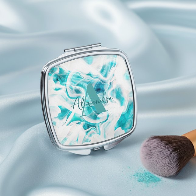 Teal White Liquid Paint Swirl Monogram Initial Compact Mirror (Creator Uploaded)