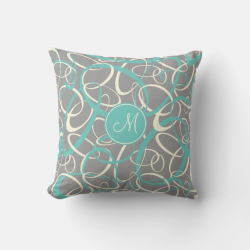 teal white loops on gray geometric pattern throw pillow